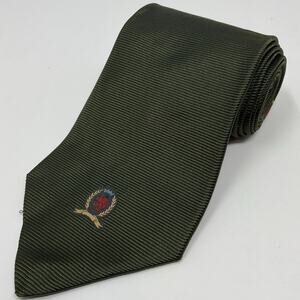 Vintage Tommy Hilfiger Logo Crest Necktie 100% Silk Men Woven Olive Green NEW